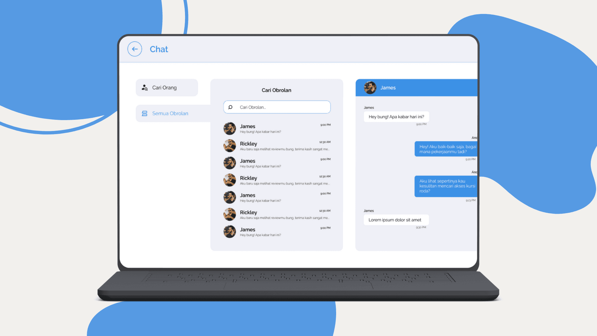 Real time chat interface for user-to-user communication.