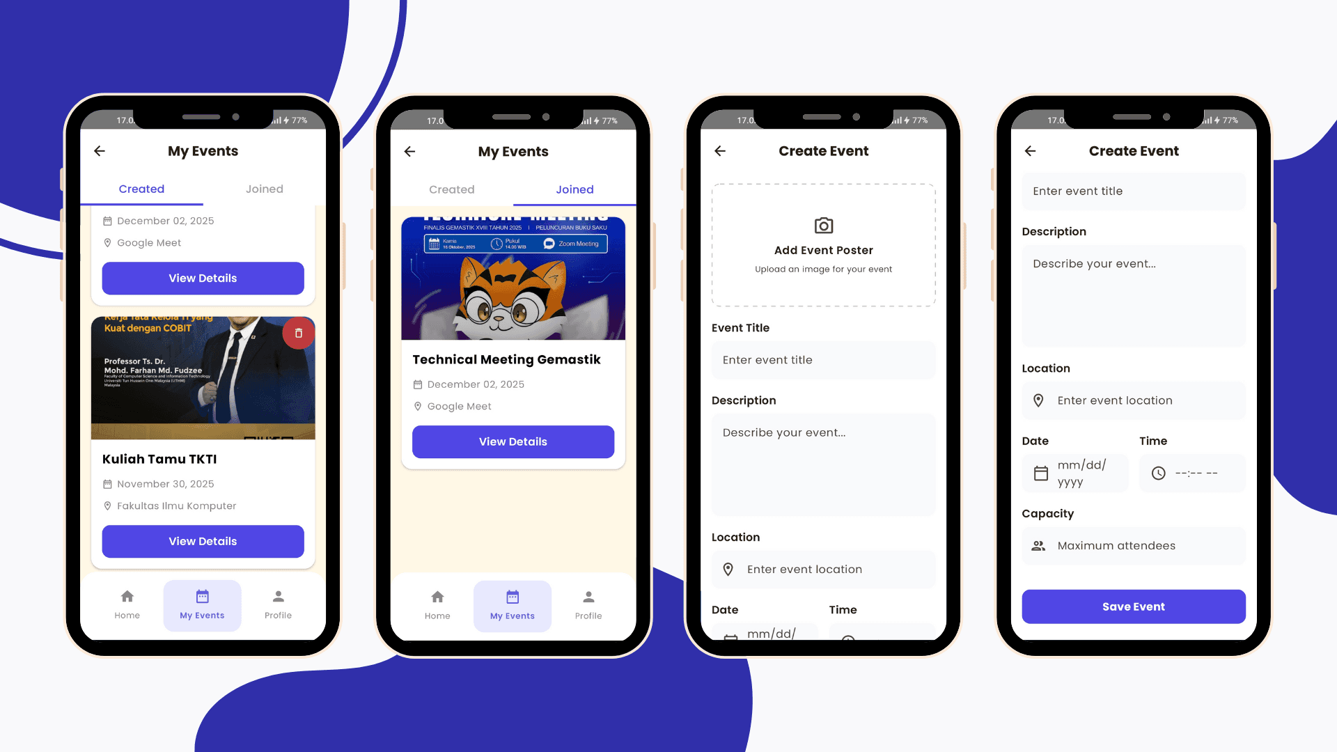My Event section showing created and joined events, along with the event creation flow.