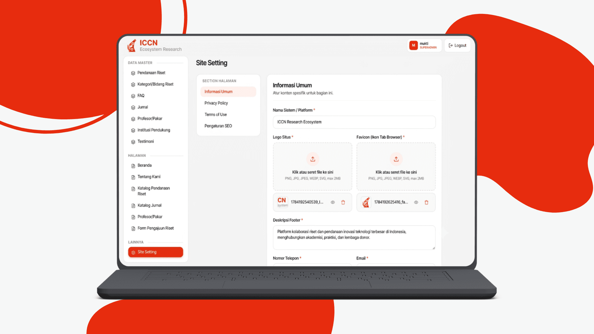 Site setting page for managing general platform configurations and branding assets.