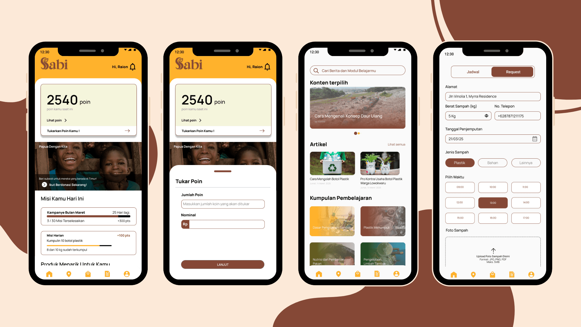 Homepage showcasing waste to cash conversion, educational articles, and waste pickup request features.
