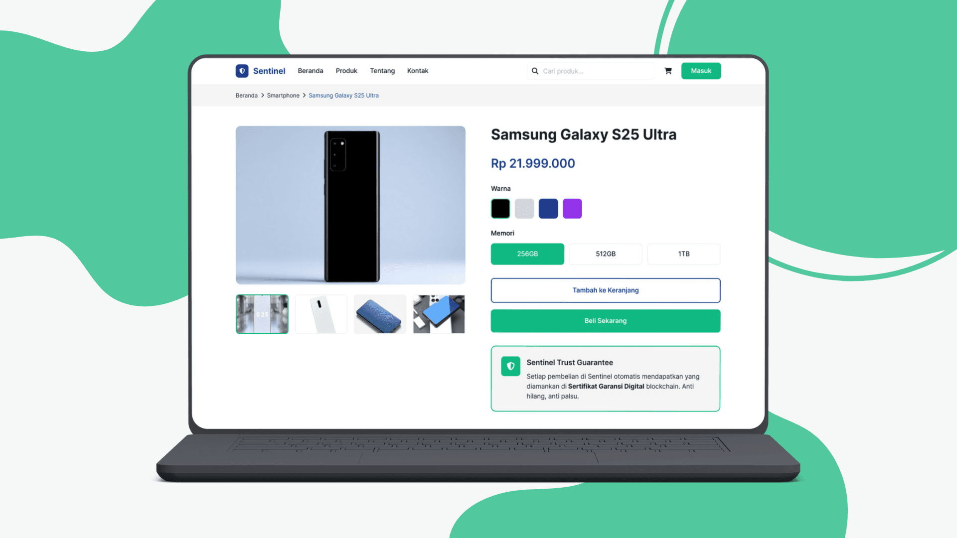 Detailed product view with transaction and verification information.