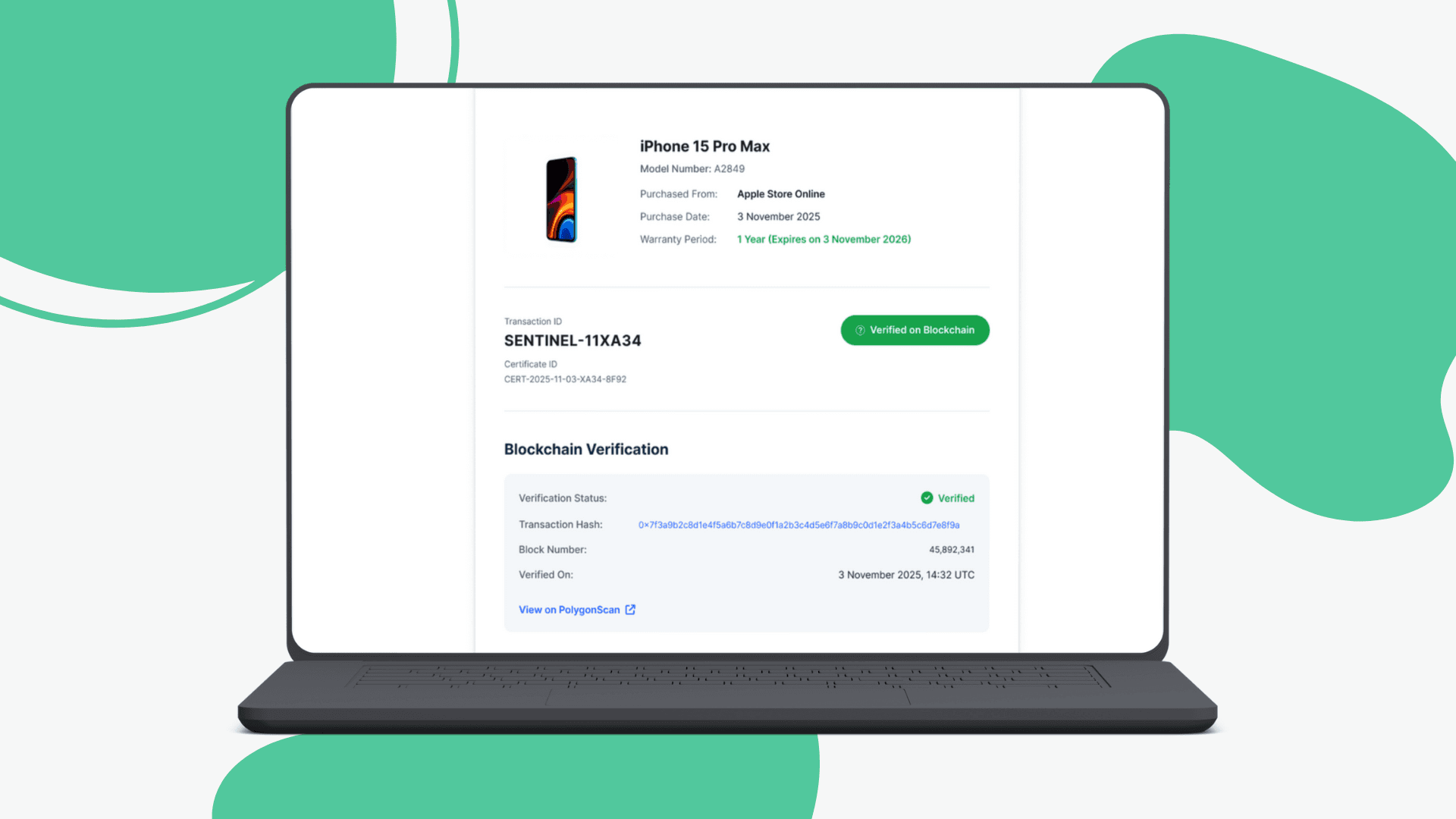 Warranty detail page showing ownership and verification status.