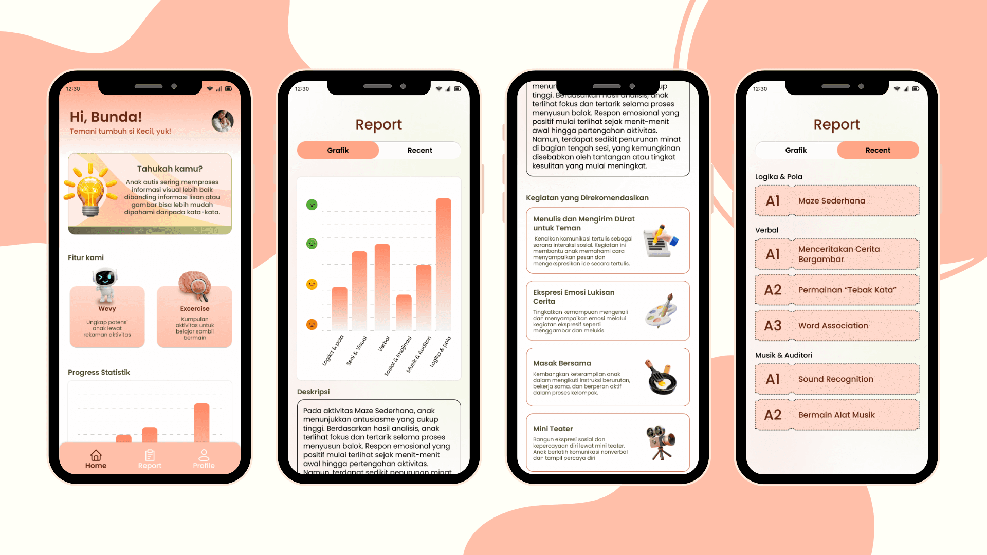 Home and report screens displaying activity summaries and emotion-based development insights.