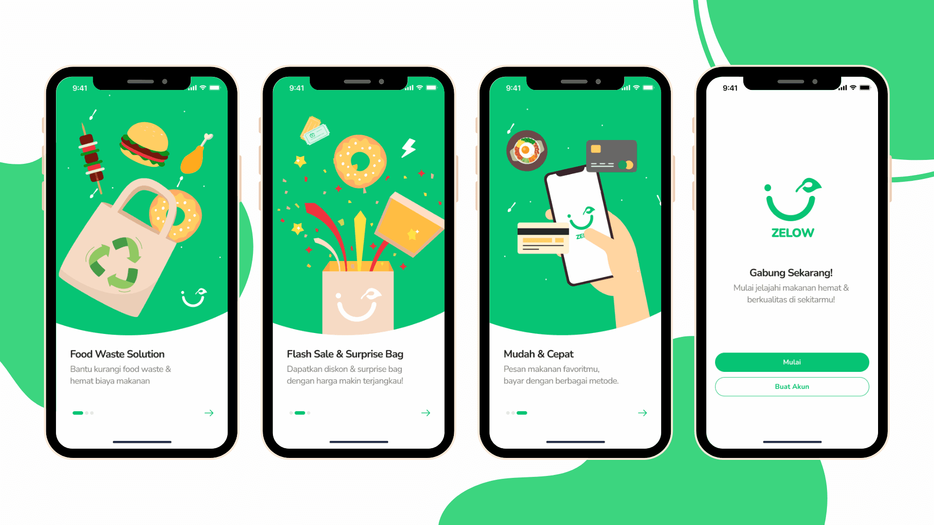 Onboarding screens introducing the platform and its food waste reduction concept.