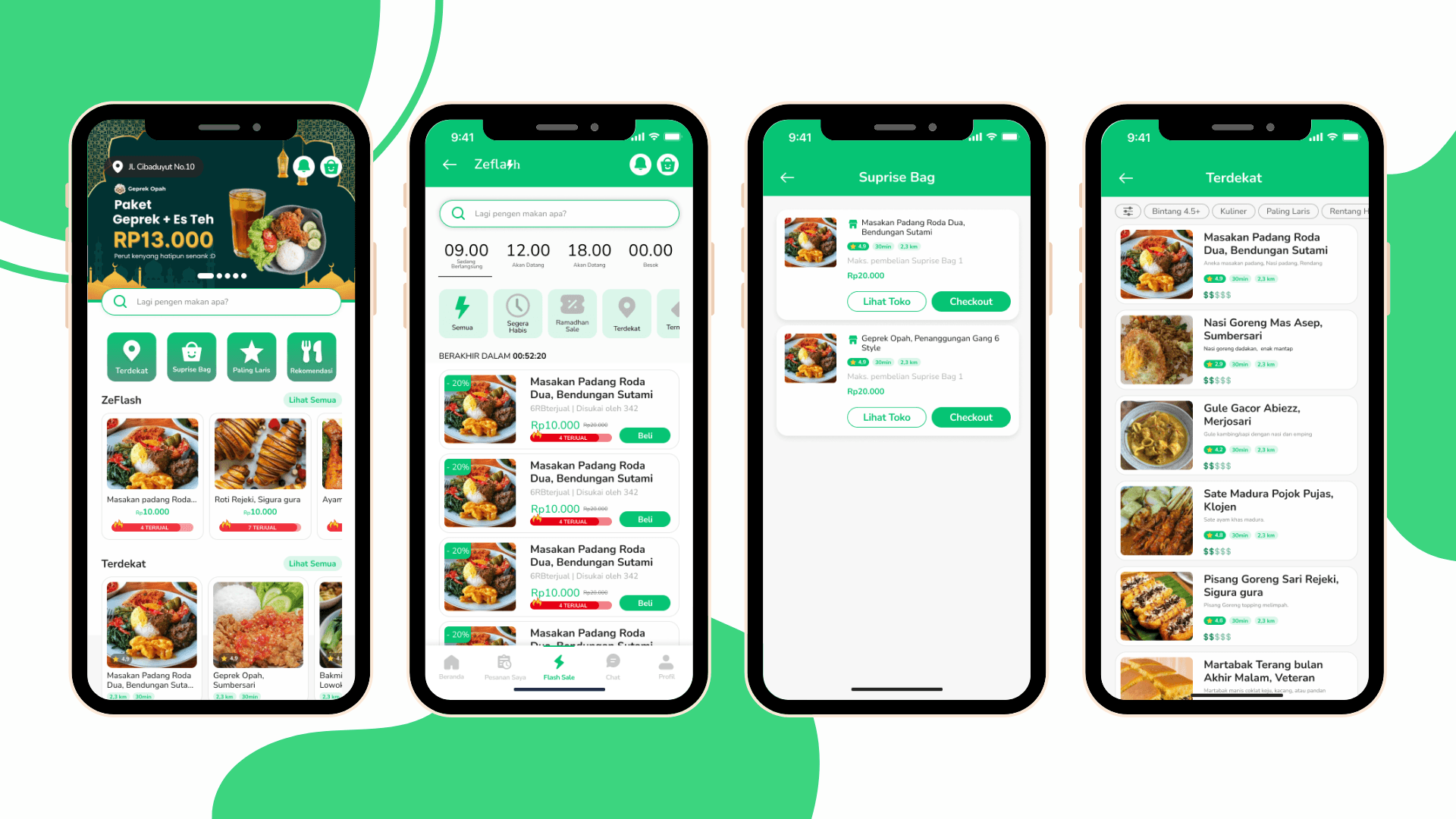 Home interface featuring flash sales, surprise bags, and nearby UMKM discovery.
