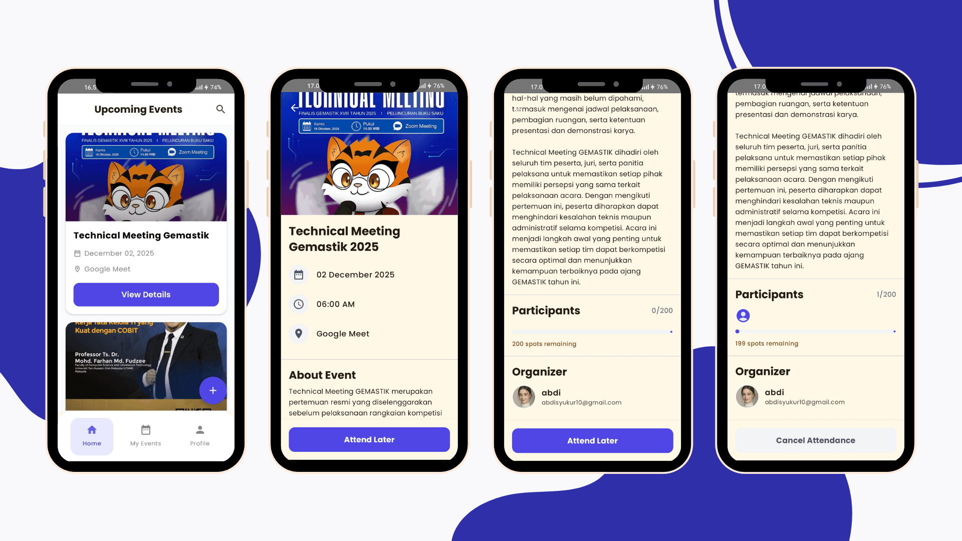 Home interface displaying event listings and detailed event information.