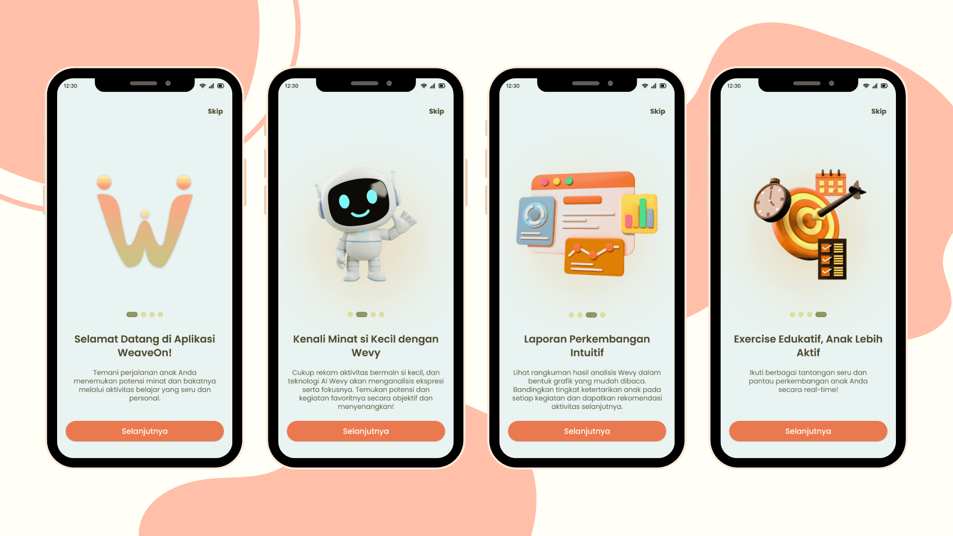 Onboarding screens introducing WeaveOn and guiding parents through initial setup.